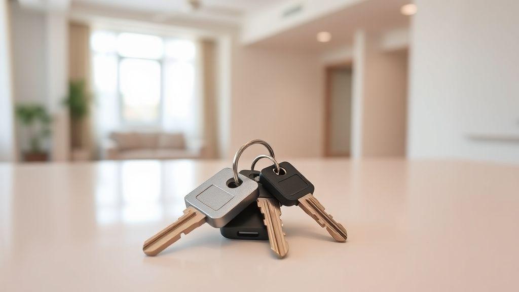 New condo keys handed over above a kitchen counter
