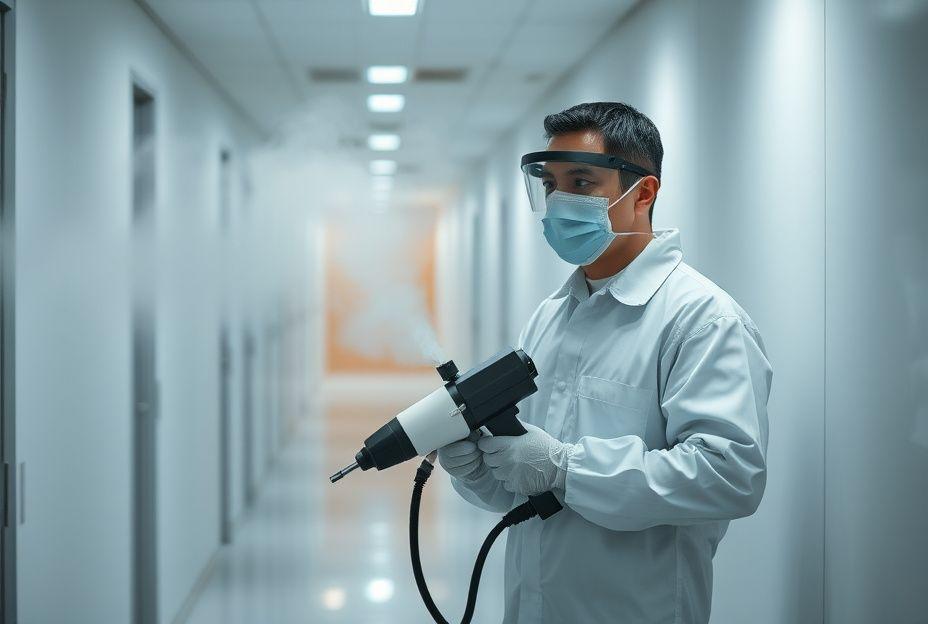 Technician applying disinfectant fogging treatment indoors