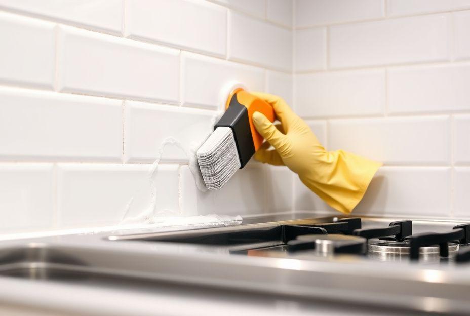 Detailed scrubbing of kitchen tiles during a deep clean