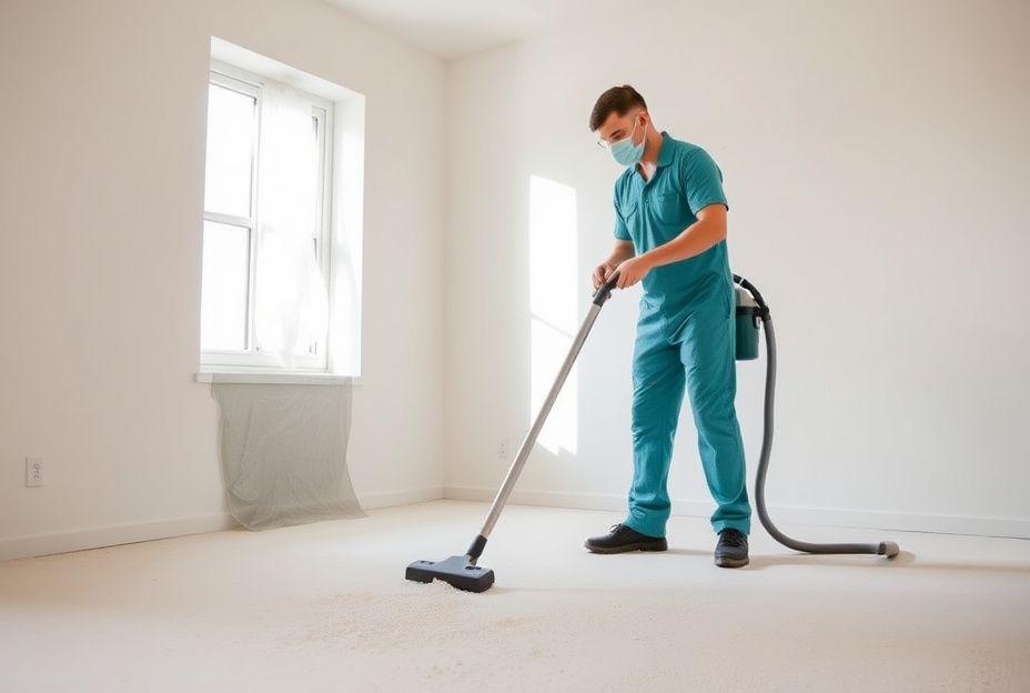 Crew clearing fine dust from a newly renovated room