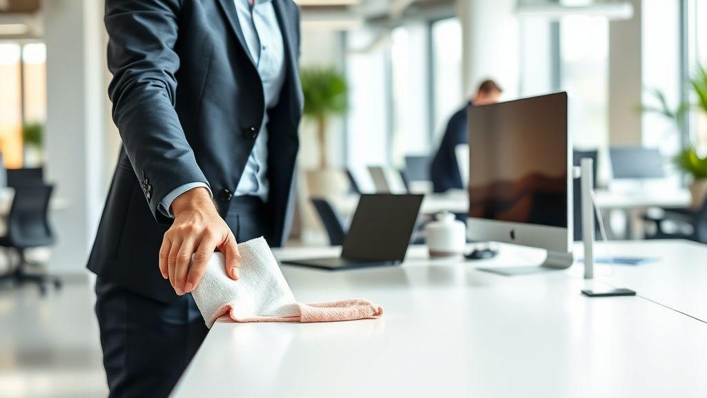 Wiping down a shared hot desk in a modern office