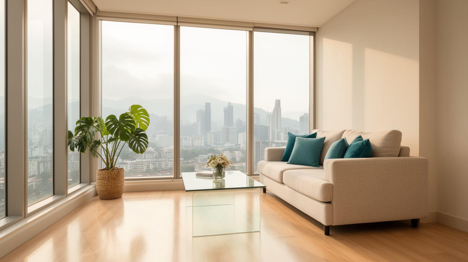 Freshly cleaned sunlit condominium lounge in Kuala Lumpur