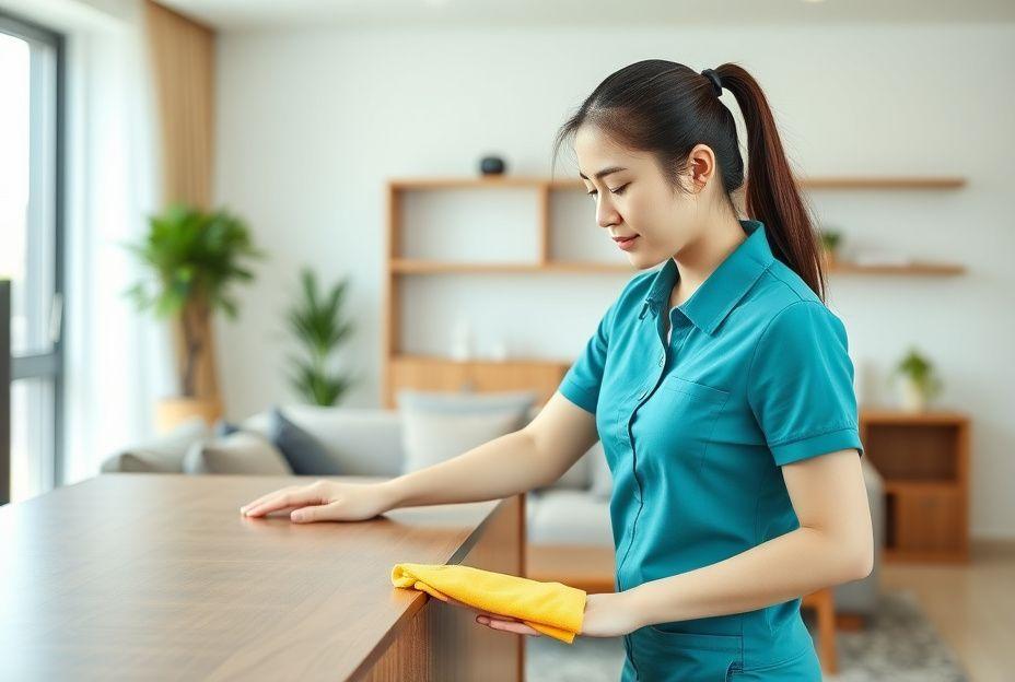 Cleaner tidying a living room during a regular home visit