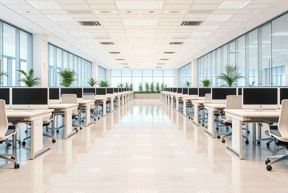 Bright clean open-plan office with tidy desks